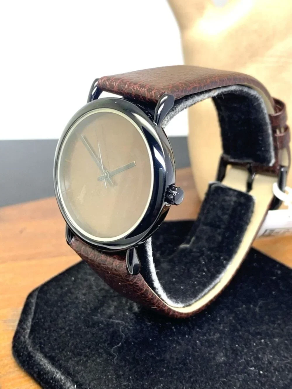 Disney Time Works Disneyland Unisex Watch Black Quartz Brown Leather Strap 34mm